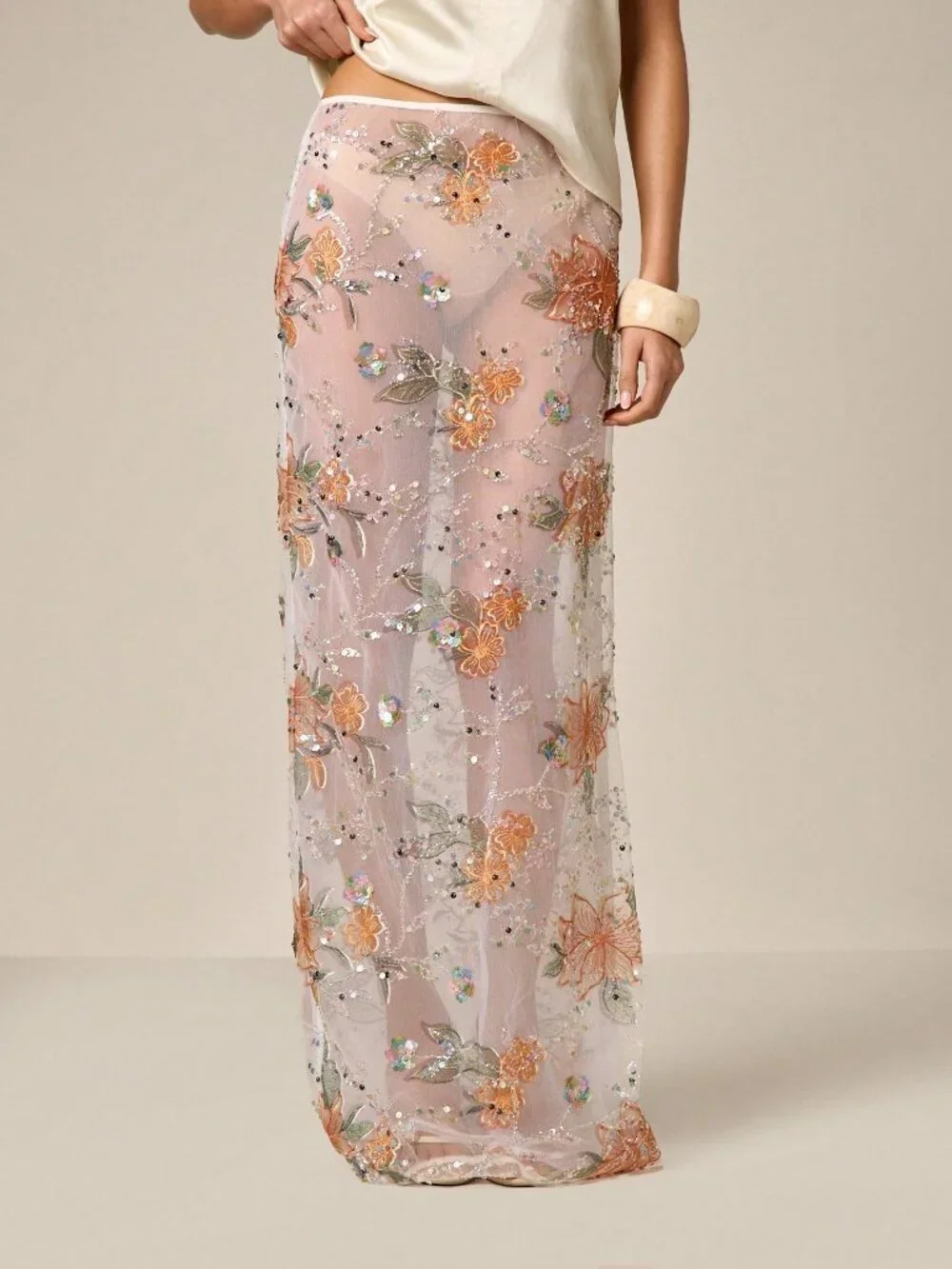 Multicolor Sexy Women's Floral Pattern Sequin Embellished Maxi Skirt with Floral